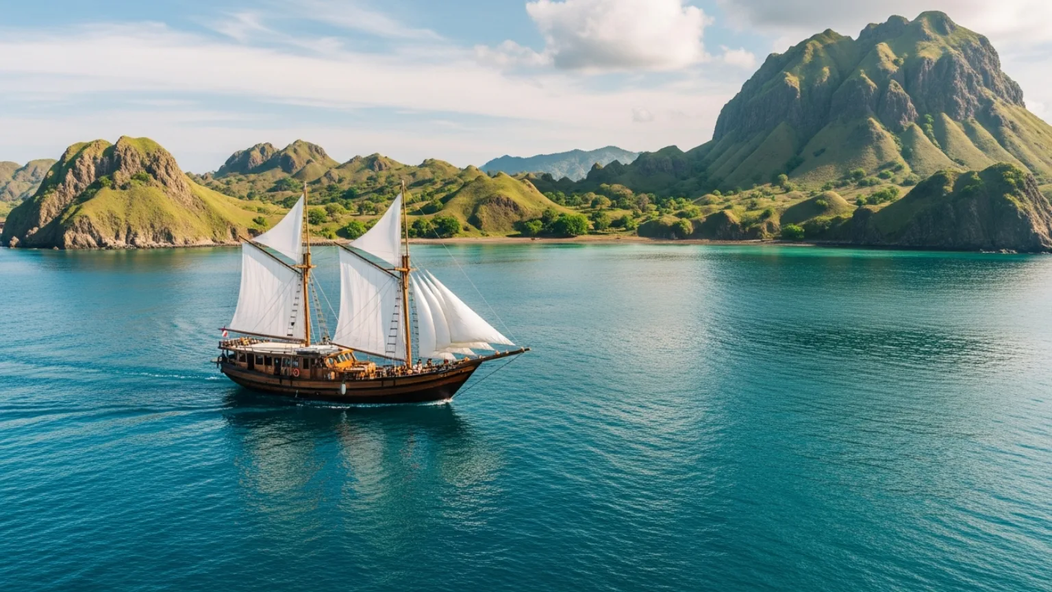 Komodo island sailing tour — phinisi sailing boat cruising past Padar Island and turquoise bays